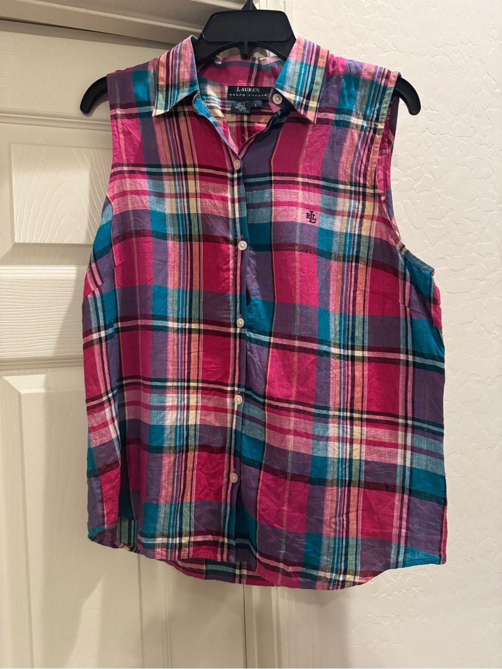 Lauren Ralph Lauren sleeveless 100% linen shirt fuchsia and blue plaid large